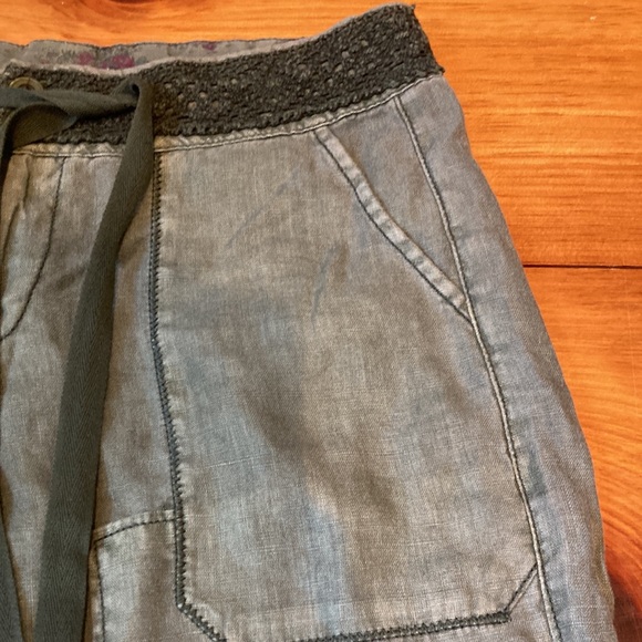 HEI HEI Petite 25P Washed Army Green Roll Cuff Crochet Pants 100% Linen Anthro - Picture 3 of 10